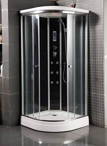 black corner shower room with control panel