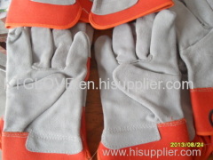 A grade.Cow gsplit leather.Full palm.Working glove.Orange 100% cotton fabric.Half ling