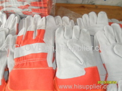 A grade.Cow gsplit leather.Full palm.Working glove.Orange 100% cotton fabric.Half ling