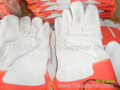 A grade.Cow gsplit leather.Full palm.Working glove.Orange 100% cotton fabric.Half ling