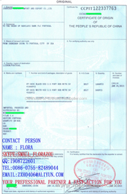 CERTIFICATE OF CHINA ORIGIN(Abbreviation CO) our Shenzhen company OB/your company