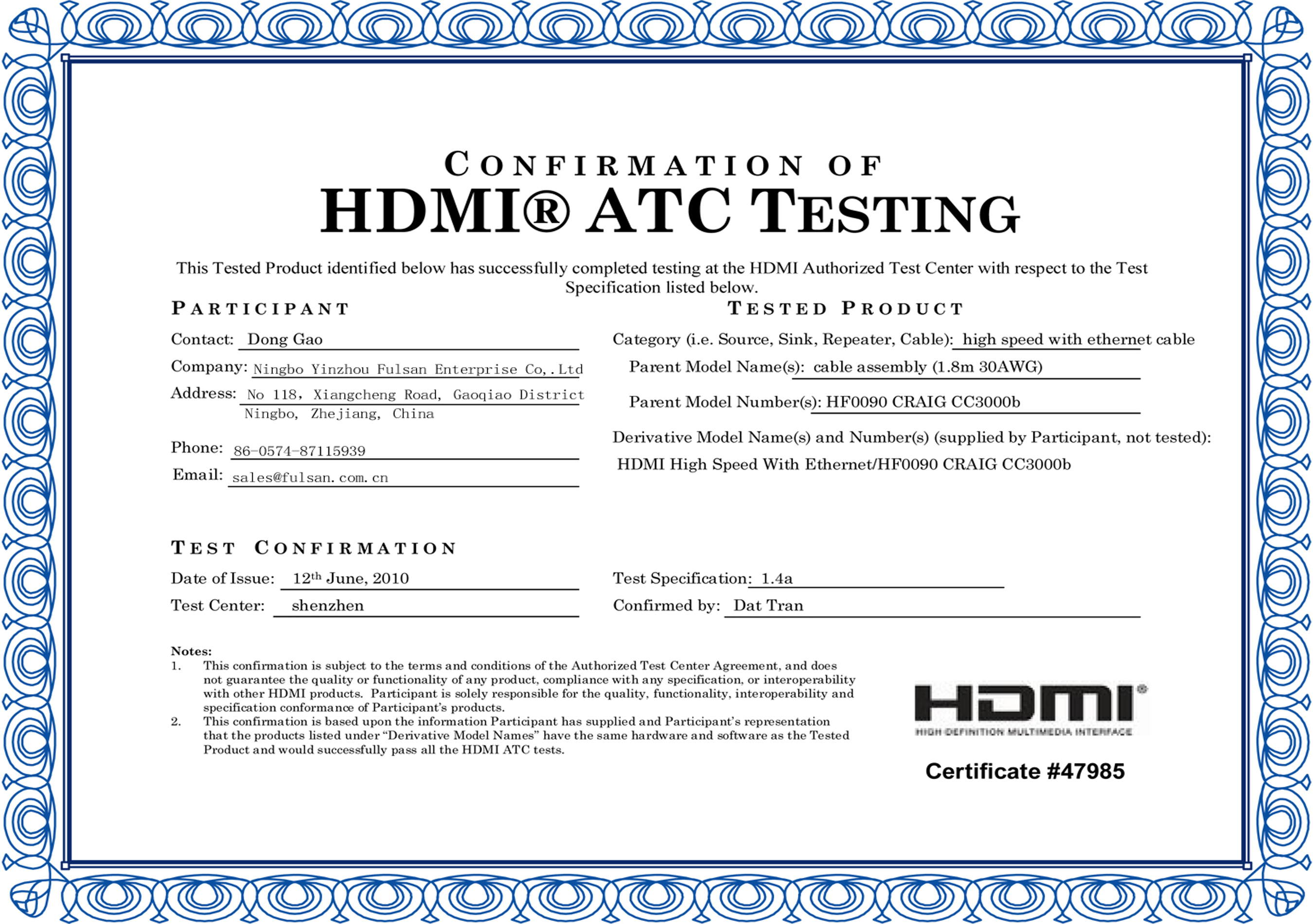 HDMI CABLE Certificate