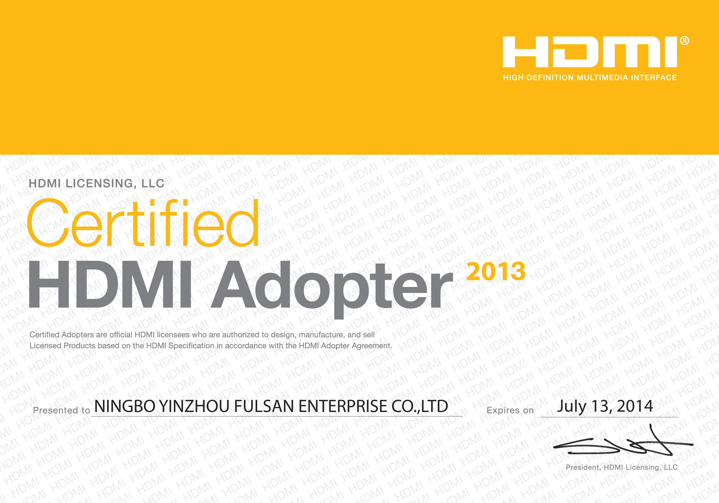 HDMI Licensing Certificate