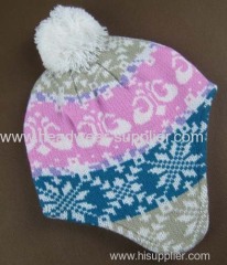 JACQUARD BABY HAT WITH POMPON AND FLEECE LINING