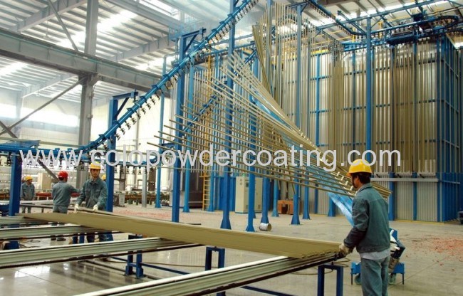 Powder coating line for aluminium profile in vertical hanging