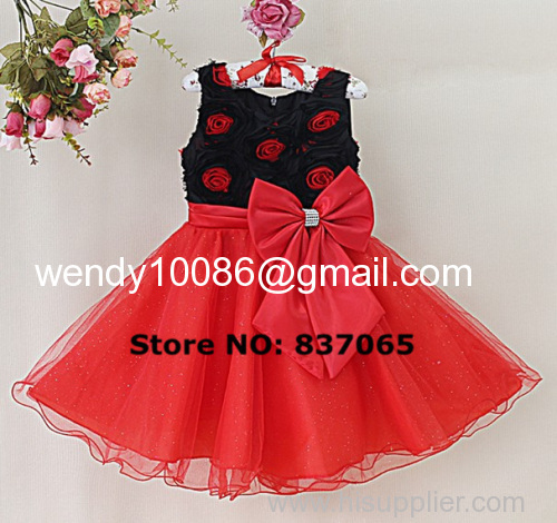 Hot Sale Baby Girls Flower Dress Red Rose Flower Bow New Year Dress for Kids Wear