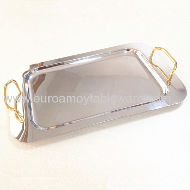 Square-shaped Golden Silver Handles Serving Tray Stainless Steel PT-814