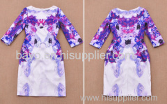 Women's cotton lun round collar sleeve tassel print dress
