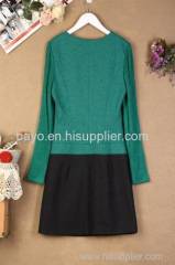 Women in color matching grid slimming waist cloth long sleeve dress is female