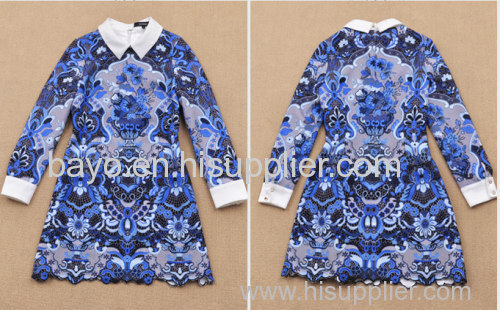 Female blue and white porcelain printing embroidery lapel long sleeve big yards dress