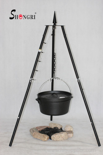 camping tripod grill with cast iron Dutch oven