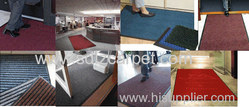 Horizontal ribbed carpet entrance matting Primary (latex) and secondary (gel foam) backing for dimensional stability.