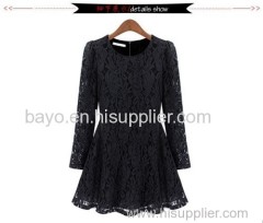 Women lace long sleeve round collar princess dress skirt