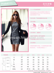 Women pure color long sleeve round collar stitching pencil skirt