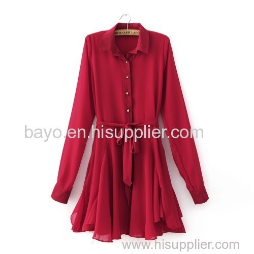 Women's fashion fold back the leisure long-sleeved shirt collar women's dress