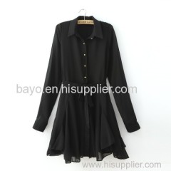 Women's fashion fold back the leisure long-sleeved shirt collar women's dress