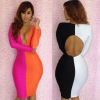 Women sexy splicing bump color dress deep v-neck night dress