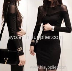 Female net yarn show thin and sexy high quality long sleeve lace collar base package buttocks connect dress skirt