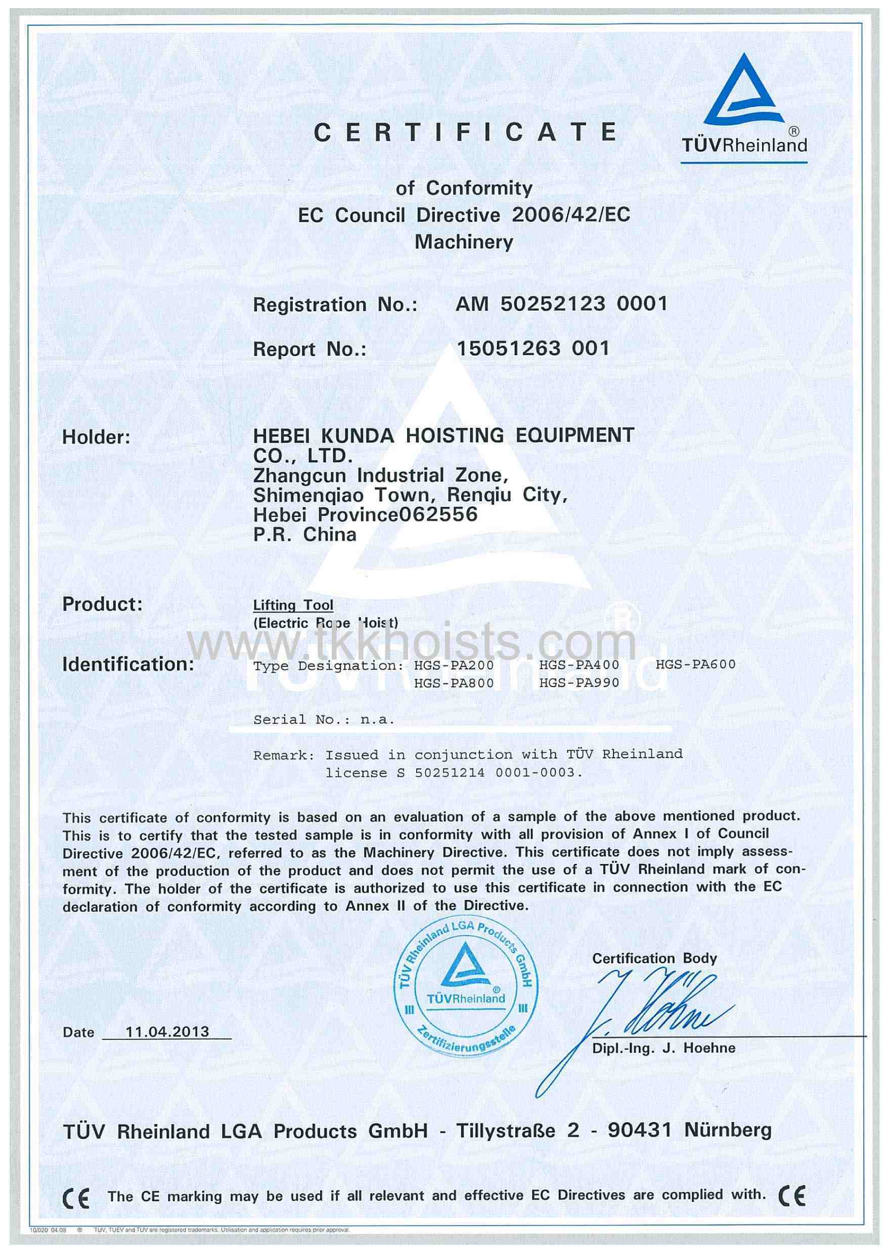 Electric rope hoist CE certificate