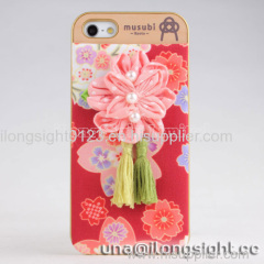 Musubi Kyoto Pink Flower Tassels red Cloth Coated 2 in 1 Hard Shell for iphone 5/5S