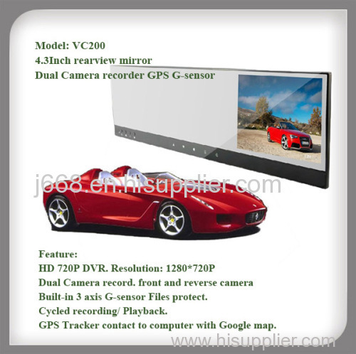 Dual Camera 720P HD Car DVR Record design in 4.3 inch rearview mirror GPS G-sensor