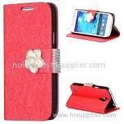 Silk Pattern Flower Magnetic Diamante Flip Stand PC+Leather Wallet Case for Samsung I9190 Galaxy S4 Mini(Red)