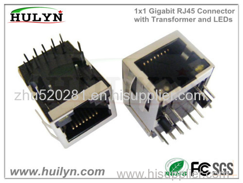 1x1 Gigabit RJ45 Connector with Transformer and LEDs (GY-Y)