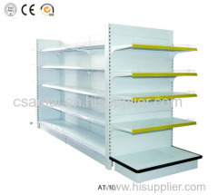 Supermarket gondola shelves display shelves