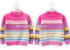 Children christmas pullover sweater for girls jacquard knit multiple color stripes turtle neck