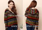 Women Spring Fine Knit Sweaters With Hood Multicolored Stripes , Womens Cardigan Sweaters