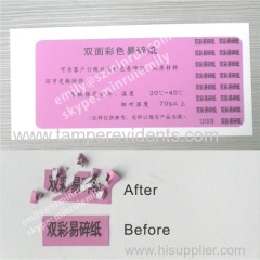 Custom Pink Cover Text Destructible Label Vinyl Materials,Double Colours Destructive Label Papers,Double Printing Fragil