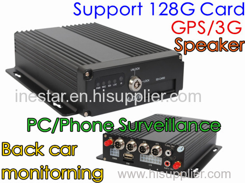 4CH real time H.264 car DVR, support 1PCS SD card Max 128G, support 3G&GPS function, built-in GPS module, 4CH video&audi