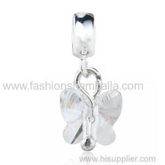 European 925 Sterling Silver Dangle Clear Butterfly swarovski Crystal Charm