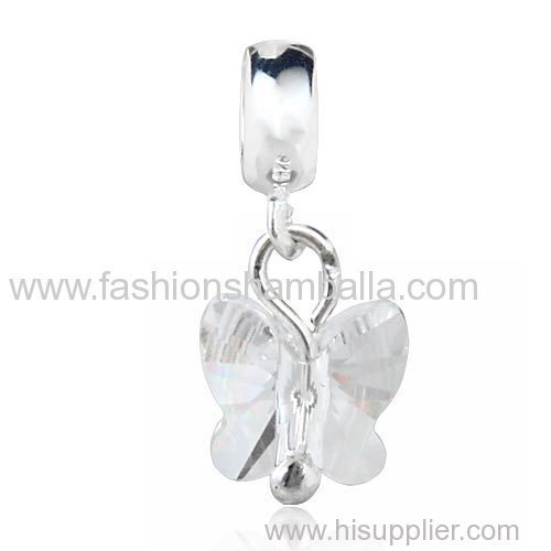 European Sterling Silver Dangle Clear Butterfly Austrian Crystal Charm