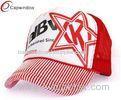 Embroidered Red Stripe Trucker Mesh Cap Velcro Strap Back Hats For Summer