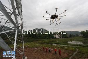 Helicopter overhead line stringing trail in Zhejiang province