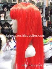 Long Red Colored Silky Straight Bang Hair Synthetic Wigs For Women