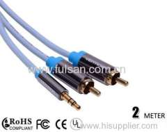 High Quality gold plated 3.5mm male to 2RCA male AV Cable 1m 2m 3m 5m 10m 15m 20m