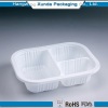 Plastic clamshell food tray with three dividers