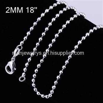 CHC002 2mm thickness silver plated beads necklace chain , multisize length Silver necklace