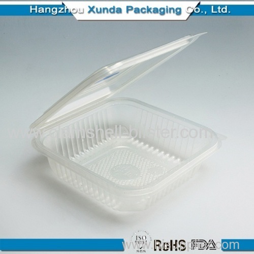 Clear plastic food containers with hinged lids