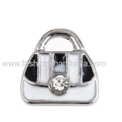 Platinum Plated Enamel Alloy Handbag with Crystal Floating Locket Charms Wholesale