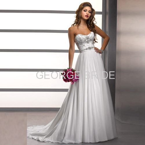 GEORGE BRIDE Chiffon A-line dipped neckline and richly beaded belt wedding dress