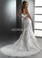 GEORGE BRIDE Vintage slightly dipped neckline slim A-line lace wedding dress with detachable ribbon belt