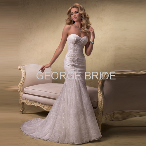 GEORGE BRIDE strapless simple design lace over satin slim A-line wedding dress