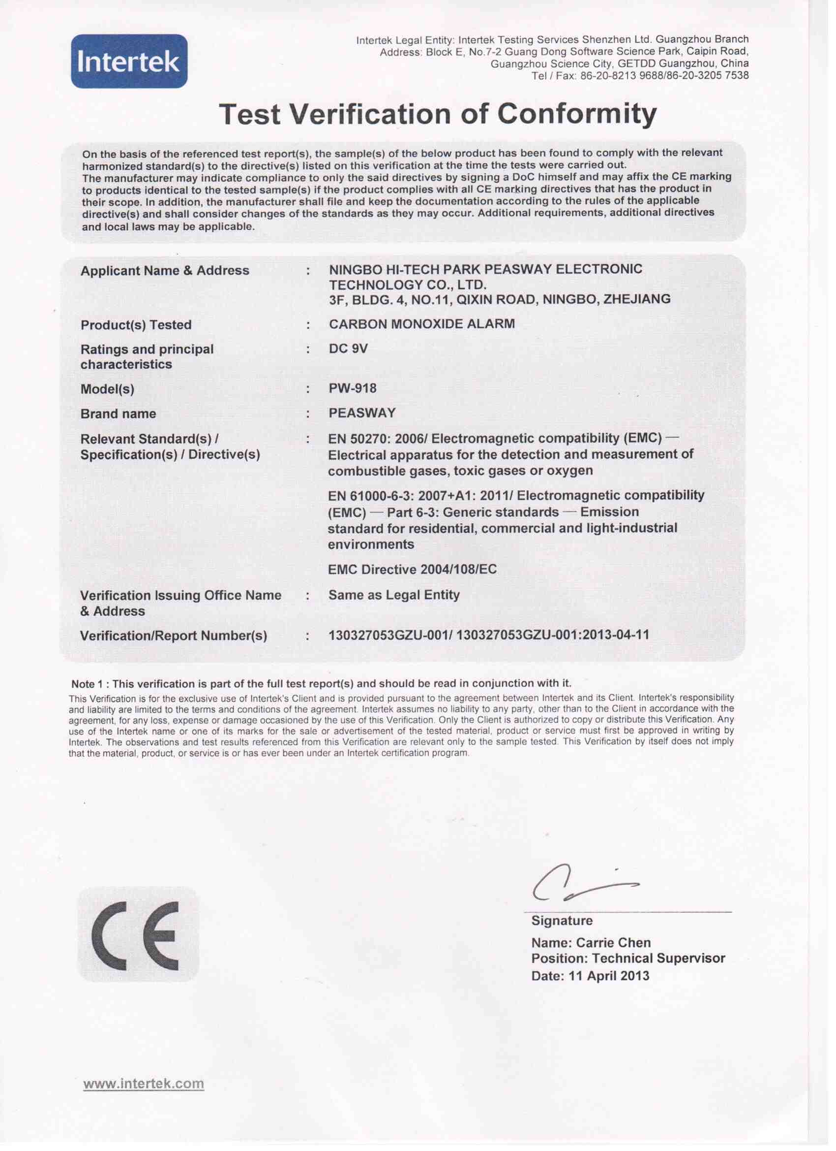 CE certificate of CO detector PW-918
