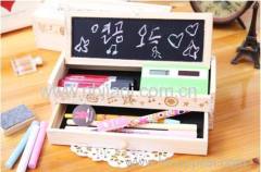 Cute Vintage Wooden Boxes Stationery Bag Double Drawer School Pen/Wooden DIY pencil box with small blackboard and drawer