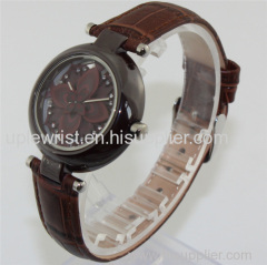 New arrival coffee ceramic women watches with brown leather strap