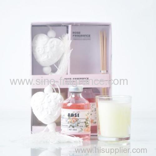 50ml rose fragrance reed diffuser /100% natural fragrance from France, heart-shaped clay pendant ,candle