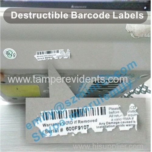 Custom 30x7mm Fragile Tamper Evident Destrutible Labels with Barcode and Serials Numbers for LCD security Use